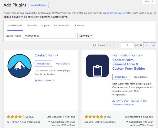 WordPress Add Plugins screen with search results for contact form, showing Contact Form 7 and Forminator with ratings, active installations and last updated dates