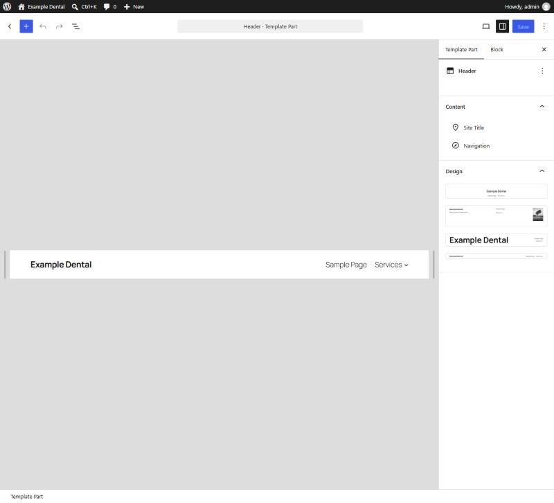 WordPress Site Editor editing the Twenty Twenty-Five header with the site title on the left and navigation on the right, and alternative header designs in the sidebar