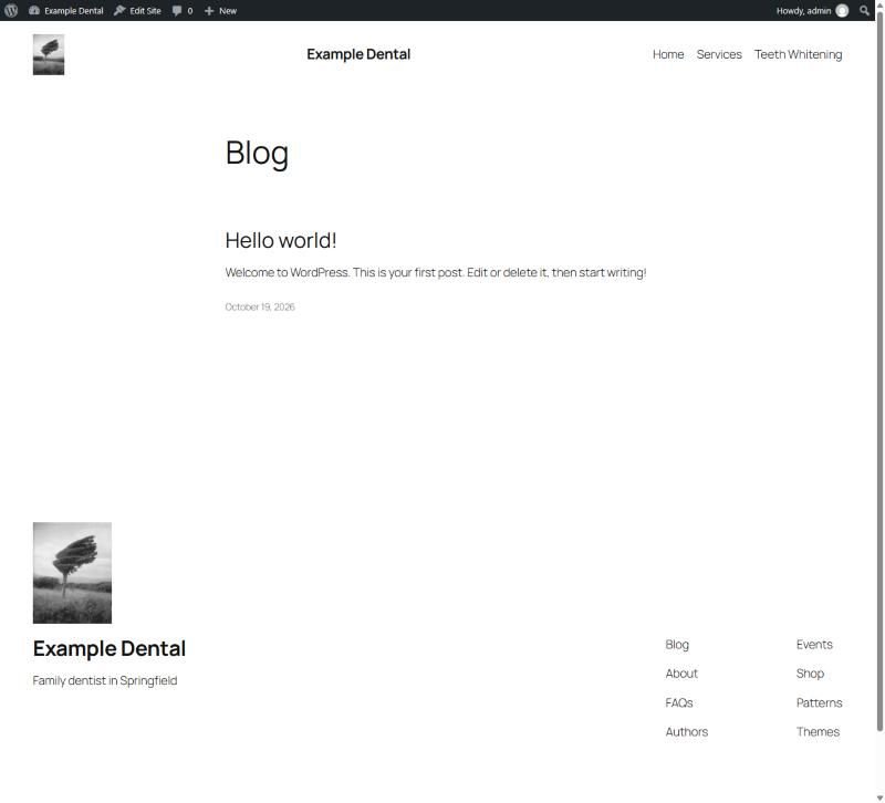 Twenty Twenty-Five header with a small logo on the left, the site title Example Dental, and a Home, Services, Teeth Whitening menu on the right