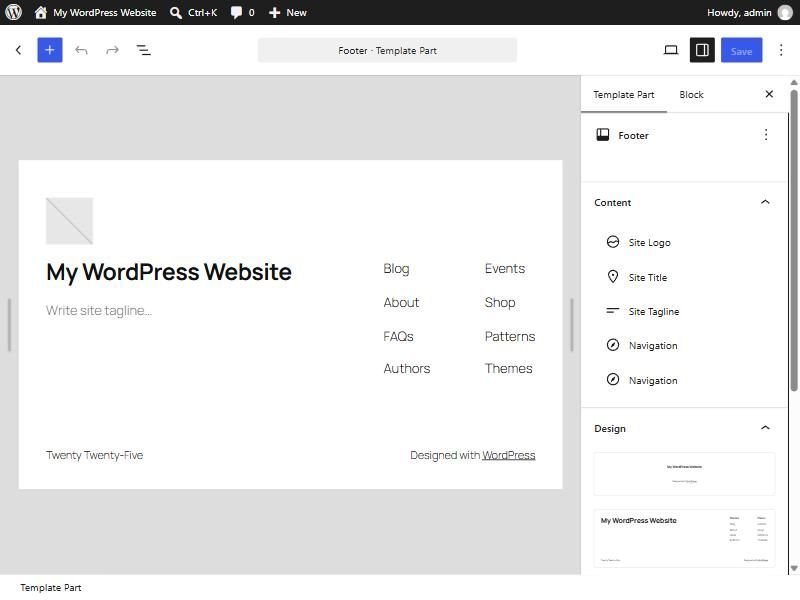 WordPress Site Editor editing the Twenty Twenty-Five footer, with the site title, two menus and the Designed with WordPress credit