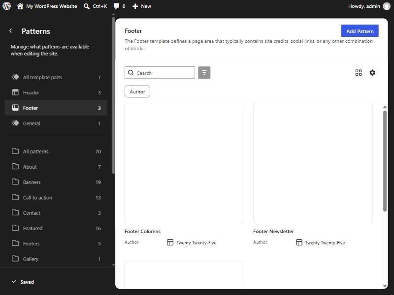 WordPress Site Editor Patterns screen showing the Footer template parts list with Footer Columns, Footer Newsletter and Footer
