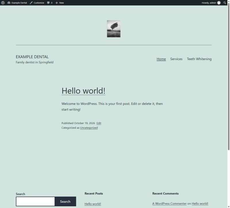Twenty Twenty-One header with a small logo, a divider, the site title Example Dental and tagline on the left, and a Home, Services, Teeth Whitening menu on the right