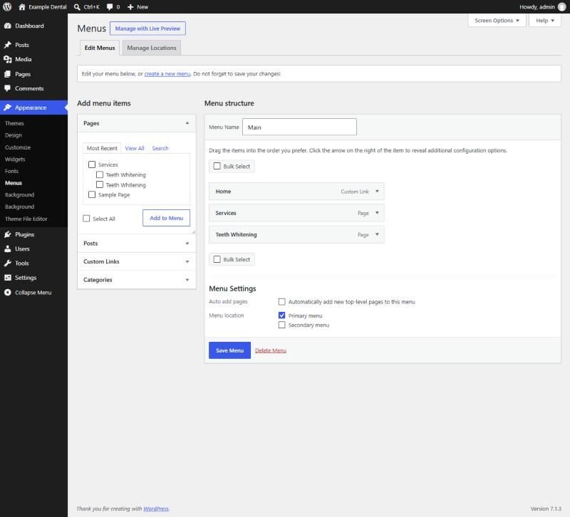 WordPress Menus screen showing a menu called Main with Home, Services and Teeth Whitening, and Primary menu ticked under Menu location
