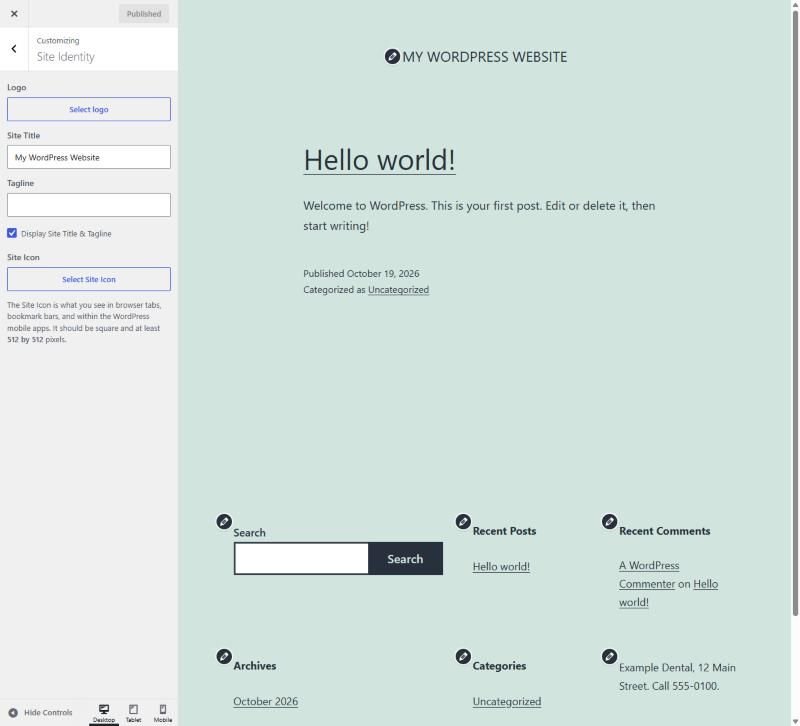 WordPress Customizer Site Identity panel with Select logo, Site Title, Tagline and Site Icon settings beside a live preview