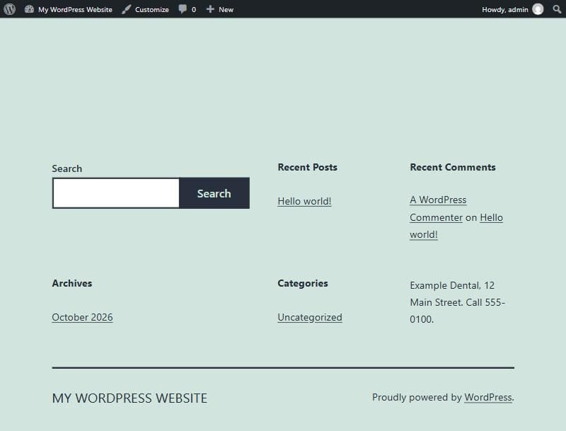 Twenty Twenty-One footer on the live site showing widgets in three columns, a new address paragraph, the site name and Proudly powered by WordPress