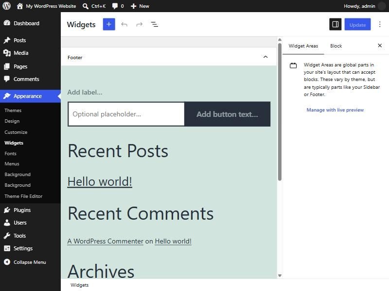 WordPress block widgets screen with the Footer widget area open, showing a search block, recent posts and recent comments