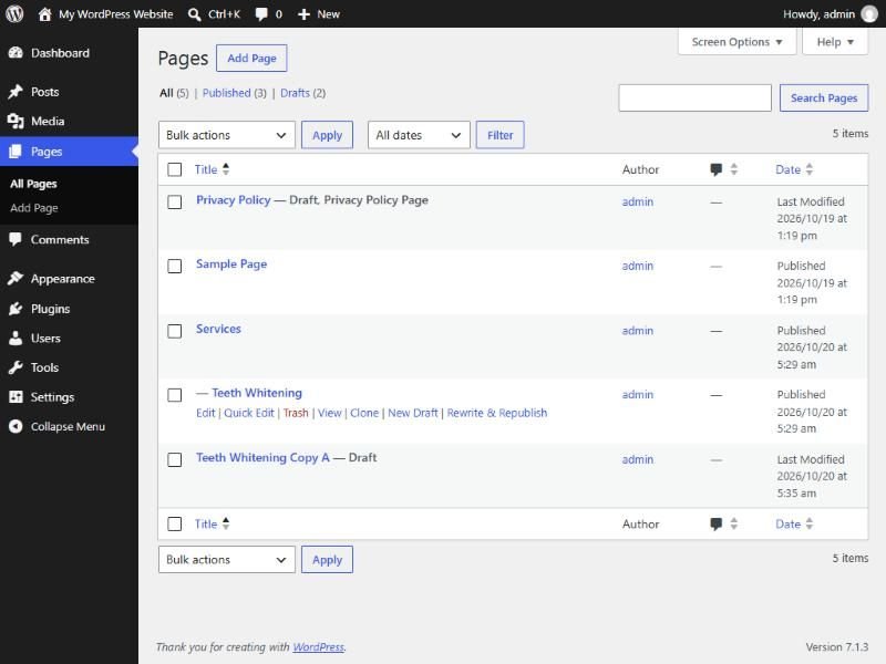 WordPress Pages list with the Clone, New Draft and Rewrite and Republish links under a page, added by Yoast Duplicate Post