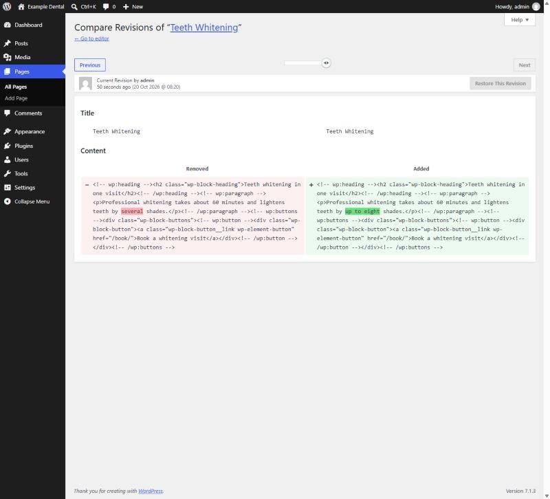 WordPress Compare Revisions screen showing the word several removed and up to eight added in a page's content