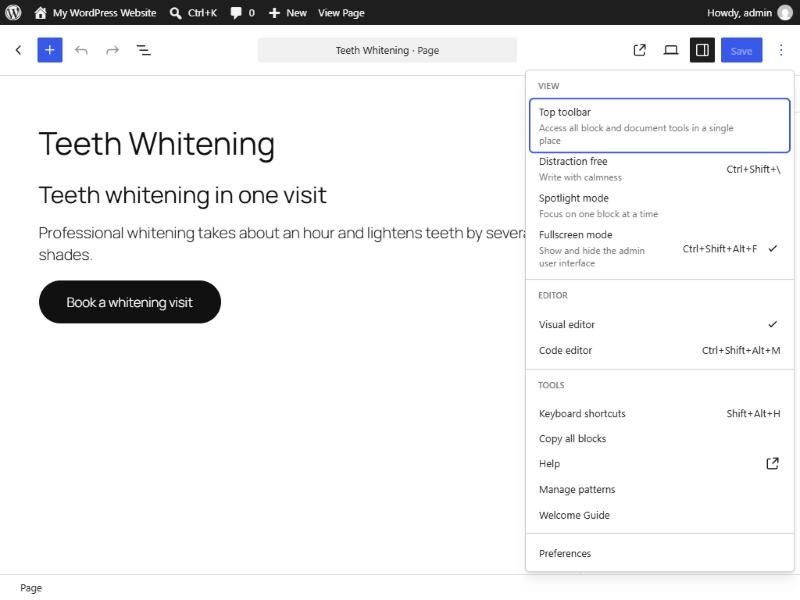 WordPress block editor options menu open, with Copy all blocks listed under Tools