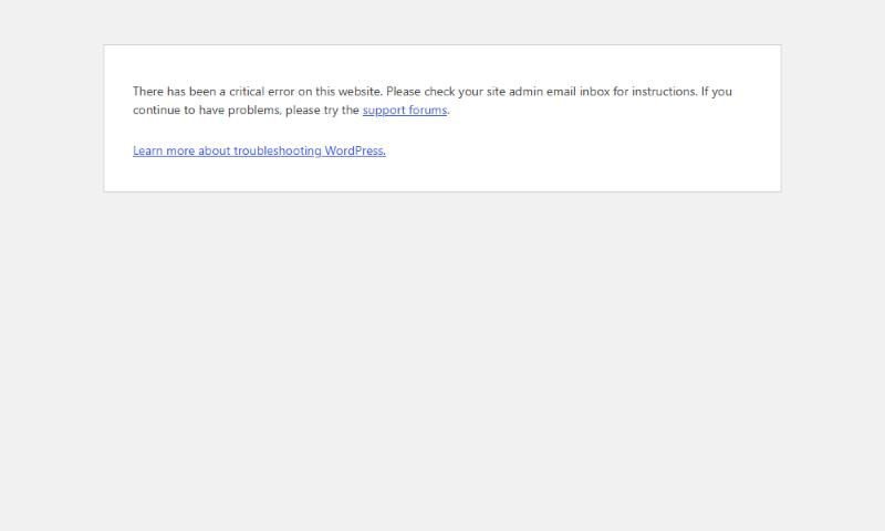 WordPress error page saying there has been a critical error and asking the admin to check their site admin email inbox for instructions