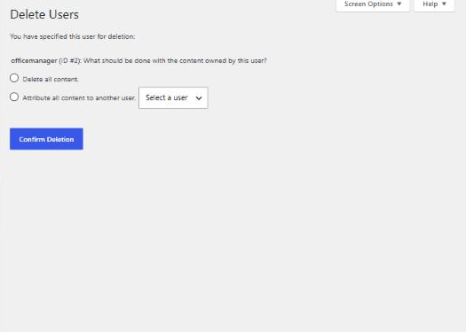 WordPress Delete Users screen asking what should be done with the content owned by this user, with options to delete all content or attribute it to another user