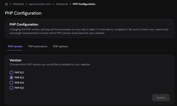 Hostinger hPanel PHP Configuration screen with PHP version options 8.2, 8.3, 8.4 and 8.5, PHP 8.3 selected, and a note that changing the PHP version stops all processes on the site for 1 to 2 minutes