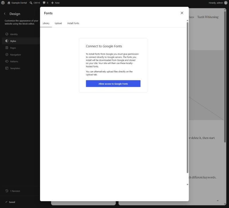 WordPress Fonts window on the Install Fonts tab, asking permission to connect to Google Fonts and explaining fonts are stored on your site