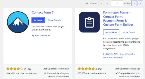 Contact Form 7 plugin card after installing, with the button now reading Activate