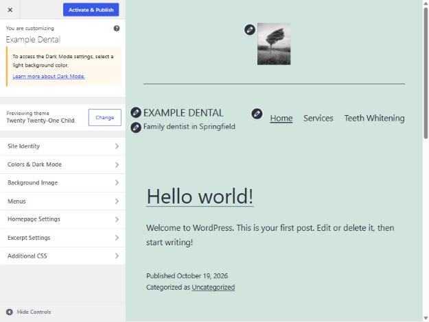 WordPress Live Preview of the Twenty Twenty-One child theme, with an Activate and Publish button and a preview showing the logo, site title and menu