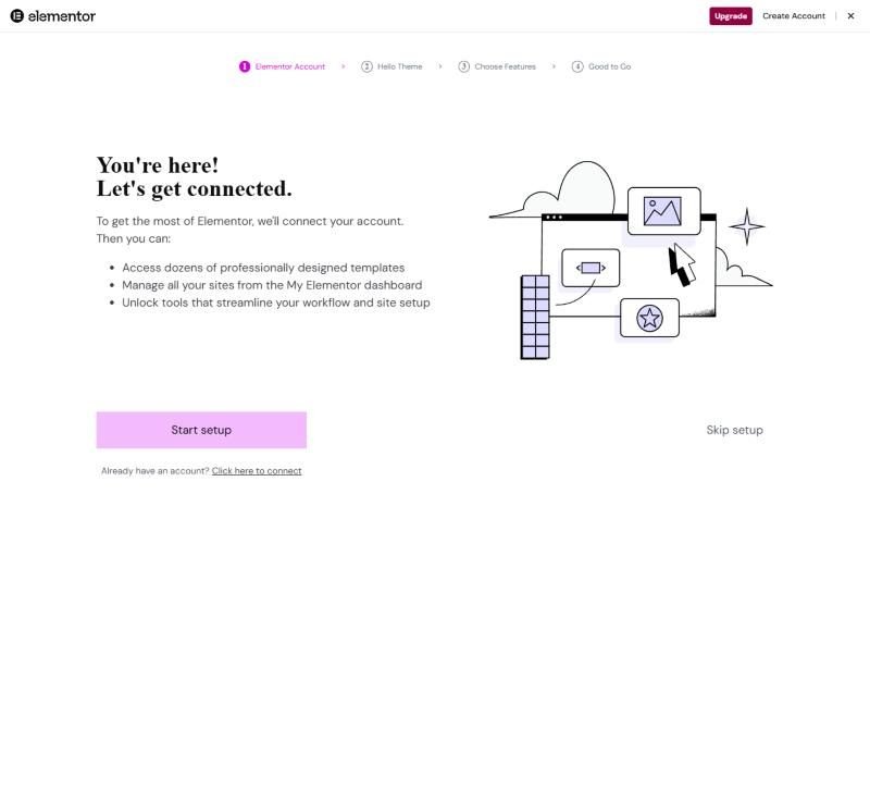 Elementor onboarding screen asking to connect an account, with Start setup and Skip setup buttons and steps for Hello Theme and features
