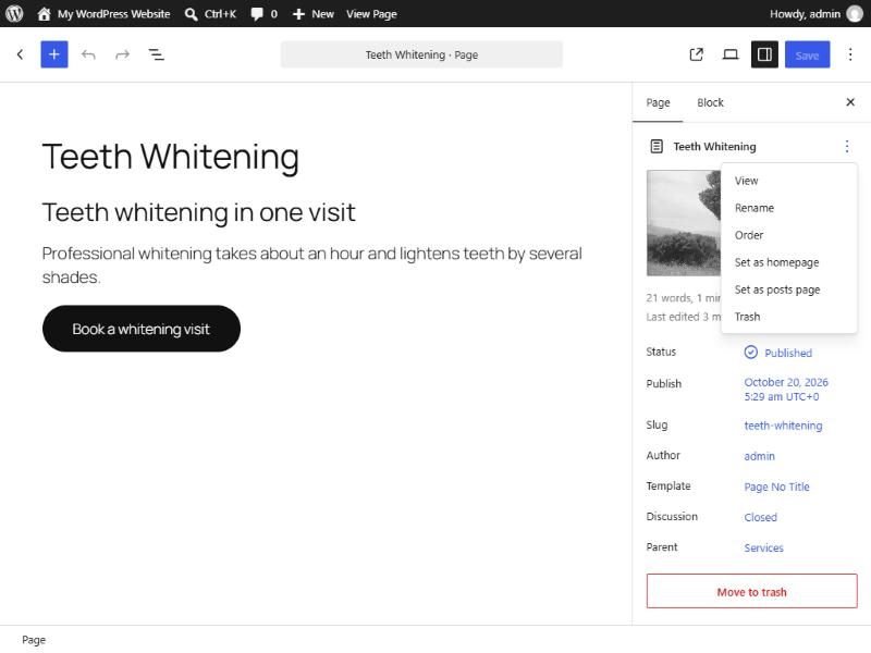 WordPress block editor showing a Teeth Whitening page with a heading, paragraph and button, and the page settings sidebar with status, slug, template and parent