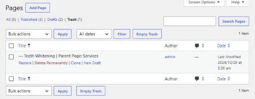 WordPress Pages Trash screen showing a trashed page with Restore and Delete Permanently links and an Empty Trash button