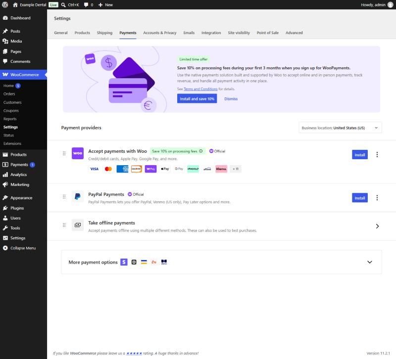 WooCommerce Payments settings with business location United States, listing WooPayments, PayPal Payments, offline payments and more options including Stripe and Square