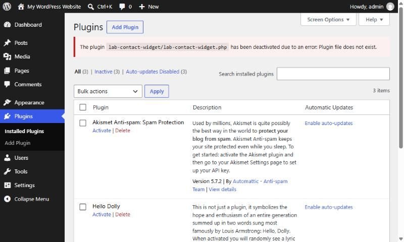 WordPress Plugins screen with a notice saying the plugin has been deactivated due to an error: Plugin file does not exist