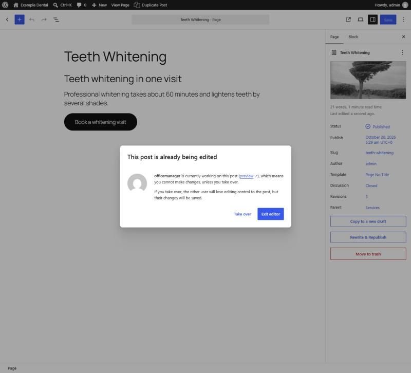 WordPress dialog saying This post is already being edited, naming the other user, with Take over and Exit editor buttons