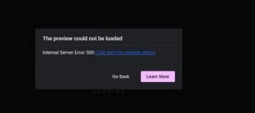 Elementor dialog titled The preview could not be loaded, showing Internal Server Error 500 and a Click here for preview debug link