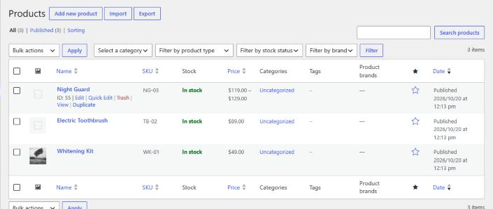 WooCommerce Products list with the Night Guard product hovered, showing ID: 55 above Edit, Quick Edit, Trash, View and Duplicate, and a separate SKU column