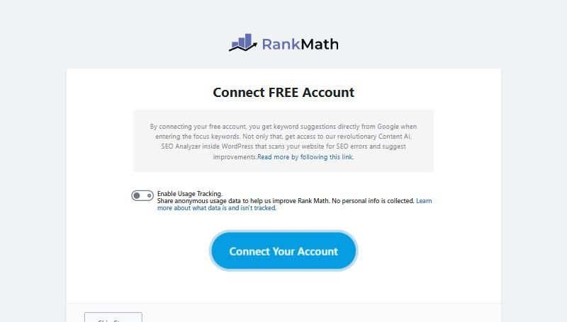 Rank Math setup screen asking to connect a free account, with an Enable Usage Tracking switch turned off and a Connect Your Account button