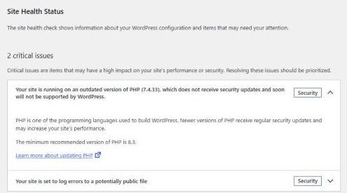 WordPress Site Health showing a critical issue: Your site is running on an outdated version of PHP (7.4.33), which does not receive security updates, and that the minimum recommended version of PHP is 8.3