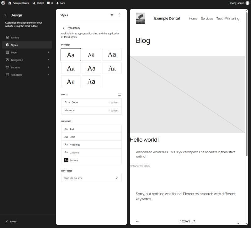 WordPress Styles Typography panel showing eight typeset options, the Fira Code and Manrope fonts, and elements for text, links, headings, captions and buttons