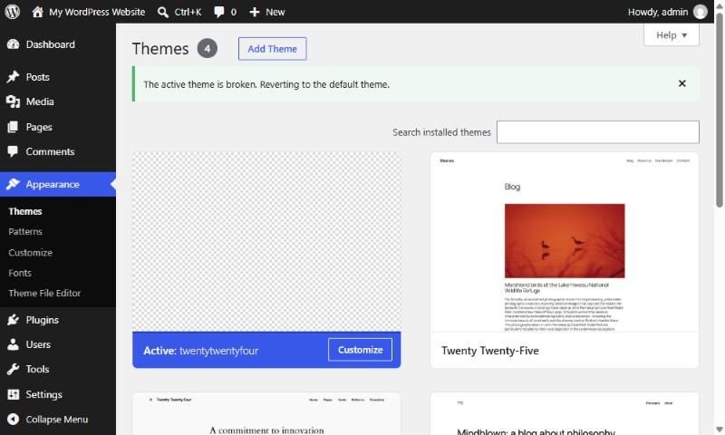 WordPress Themes screen with a notice saying the active theme is broken and WordPress is reverting to the default theme