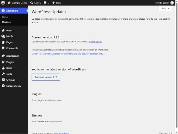 WordPress Updates screen showing Current version 7.1.3 and the message You have the latest version of WordPress