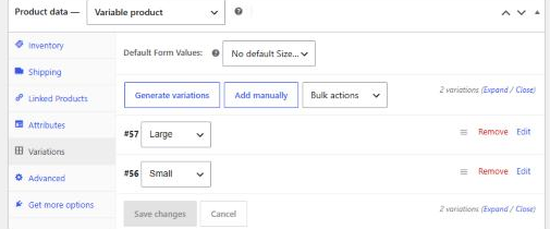 WooCommerce Product data Variations tab listing variation 57 Large and variation 56 Small