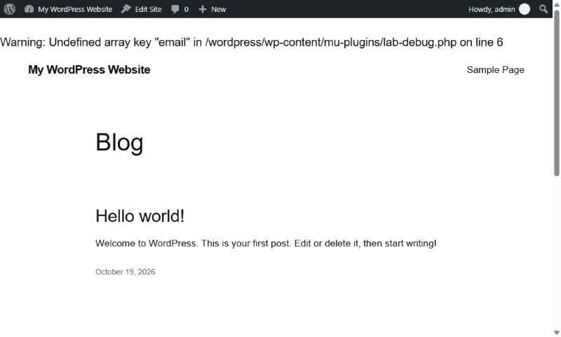 A WordPress site with a PHP warning printed above the header showing the file path on the server