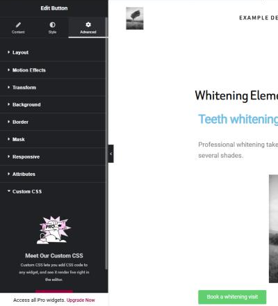 Elementor Edit Button panel with the Advanced tab open and the Custom CSS section showing a Meet Our Custom CSS upgrade prompt